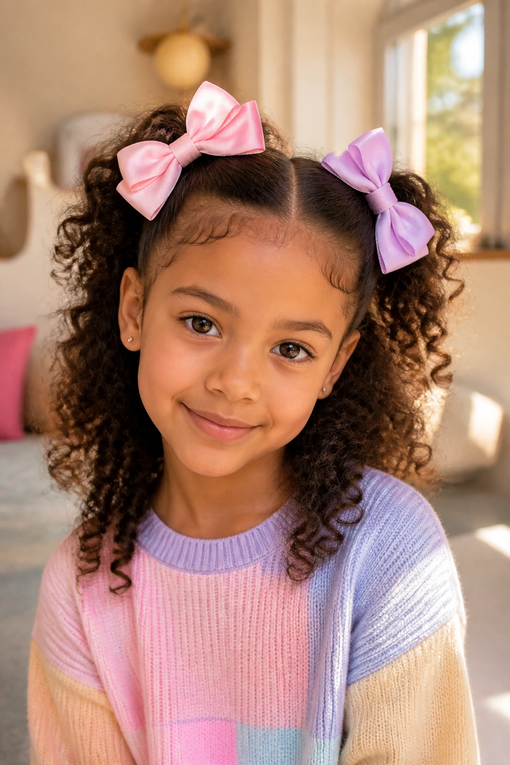 Close-up of real person with half-up pigtails and pastel bows