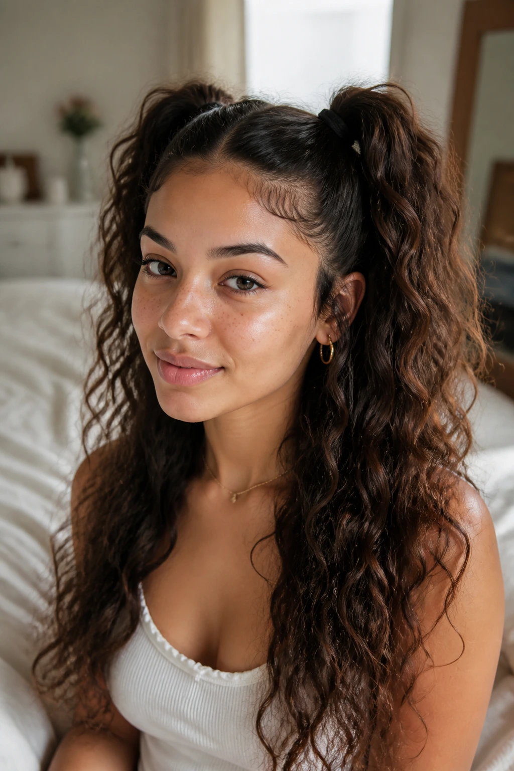 Close-up of a real woman with half-up high pigtails and loose down hair