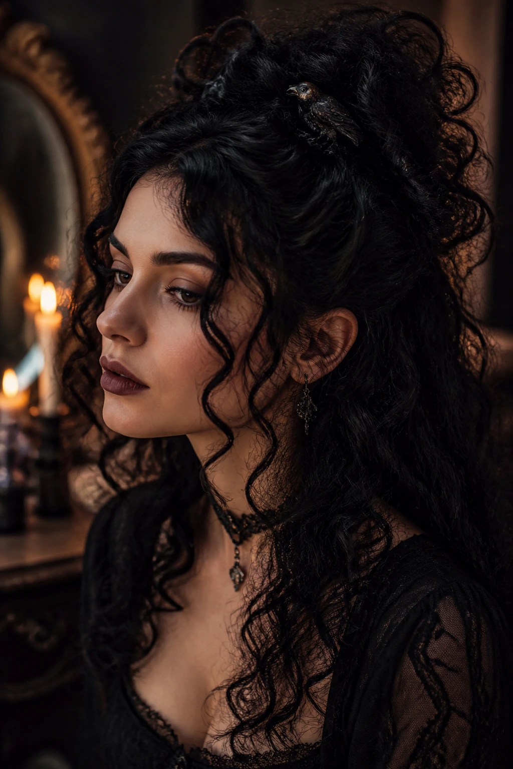 Close-up of a woman with half-up pinned curls and raven pins in a romantic Gothic room.