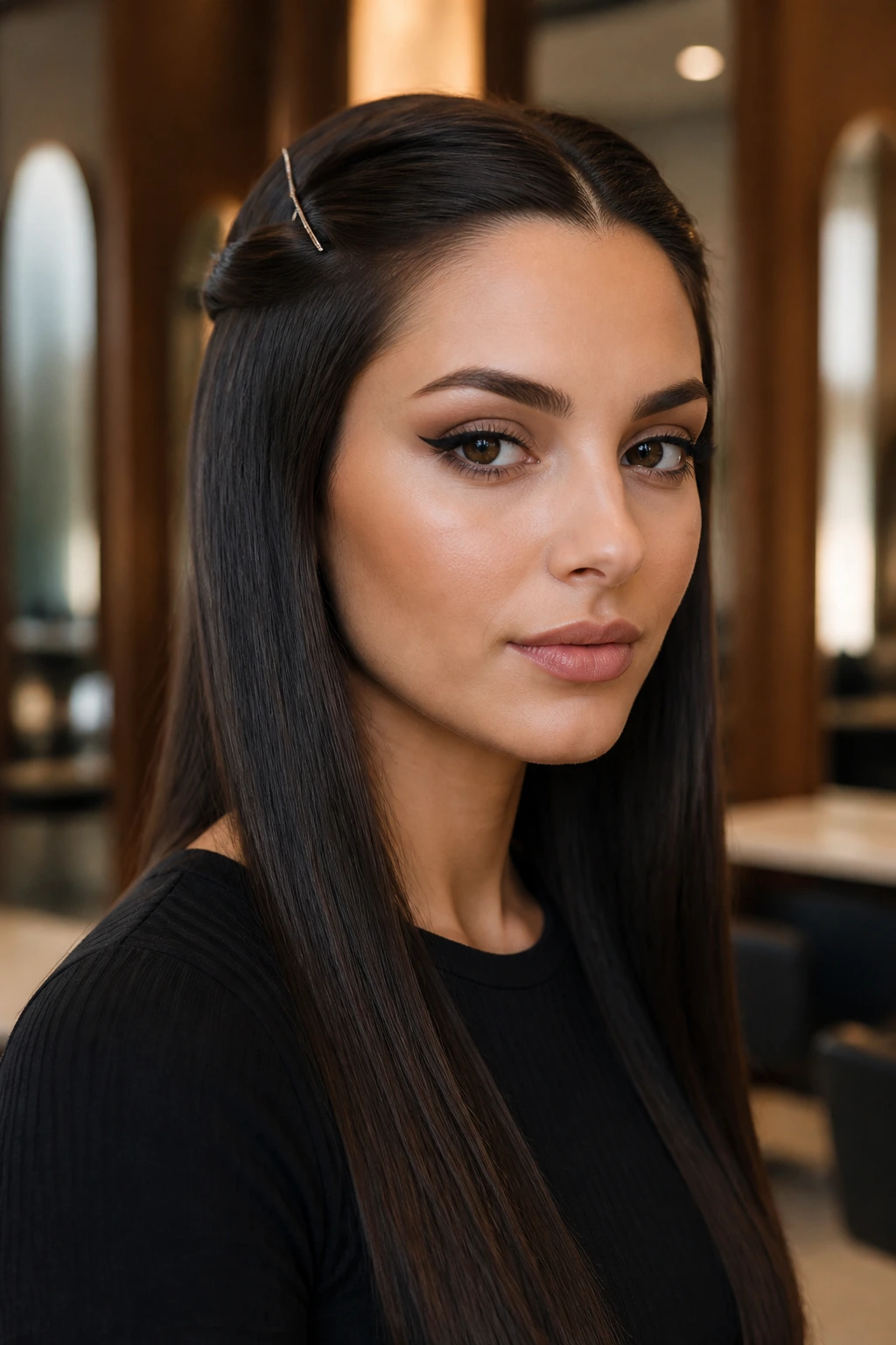Real woman with sleek half-up hairstyle and pins at temples
