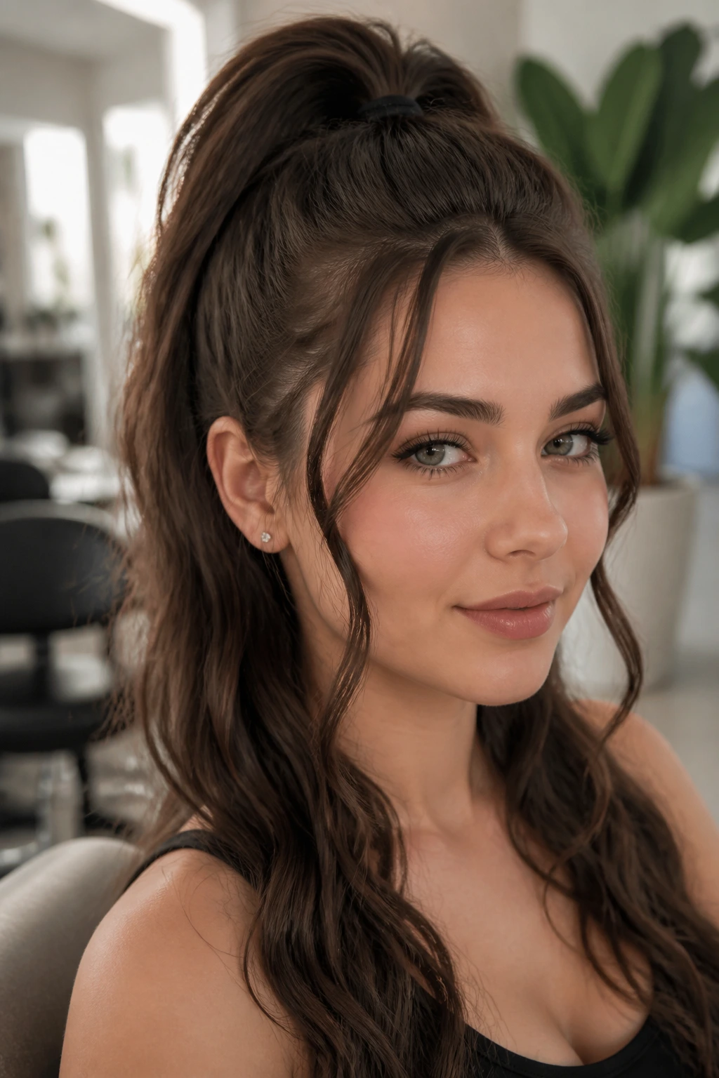 Woman with a high half-up ponytail and face-framing tendrils in a sunny salon.