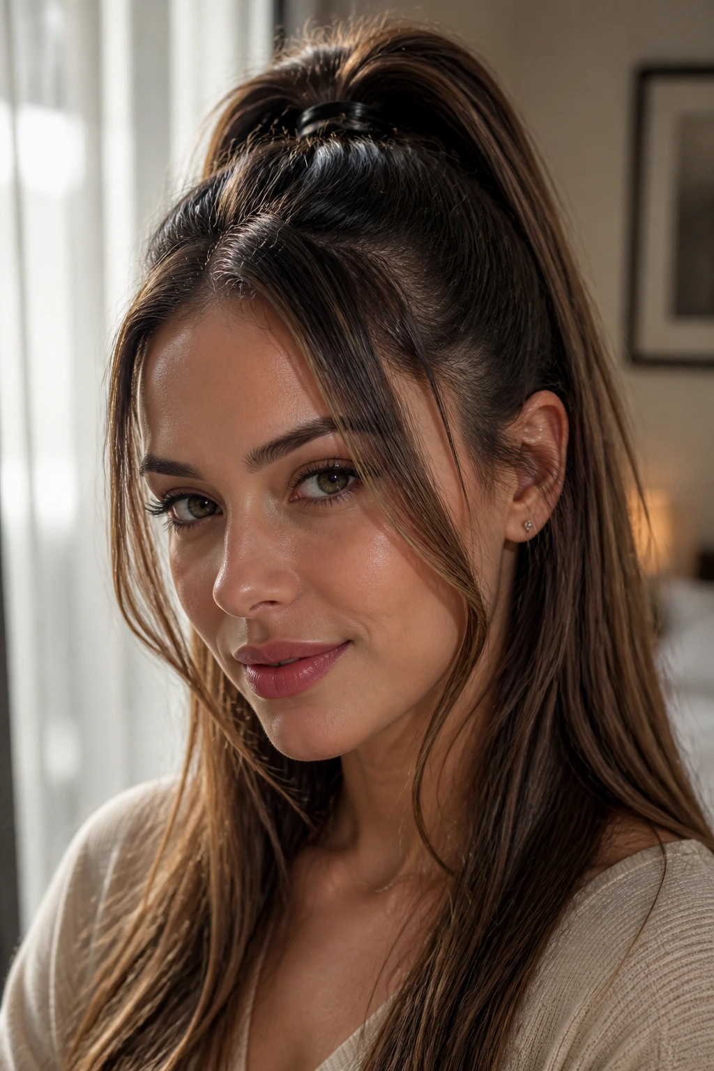 Close-up of a real woman with a high half-ponytail and face-framing tendrils on straight hair