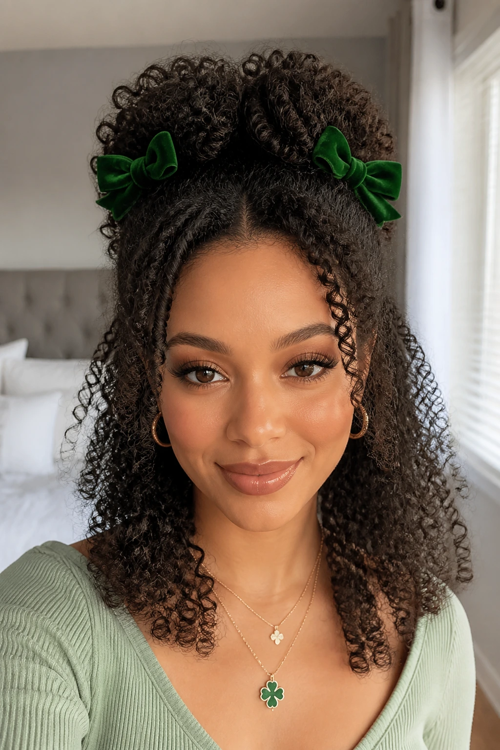 Close-up of a woman with half-up puff and two green bows