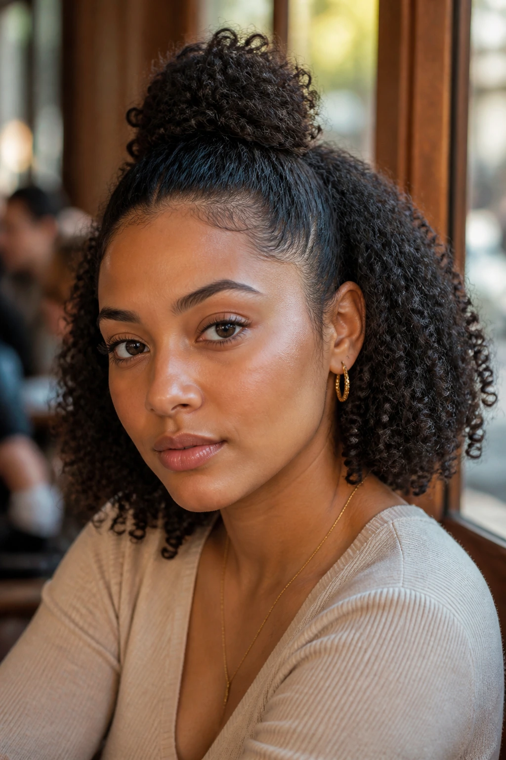 Close-up of a real woman with a crown mini puff in curly hair in a cafe