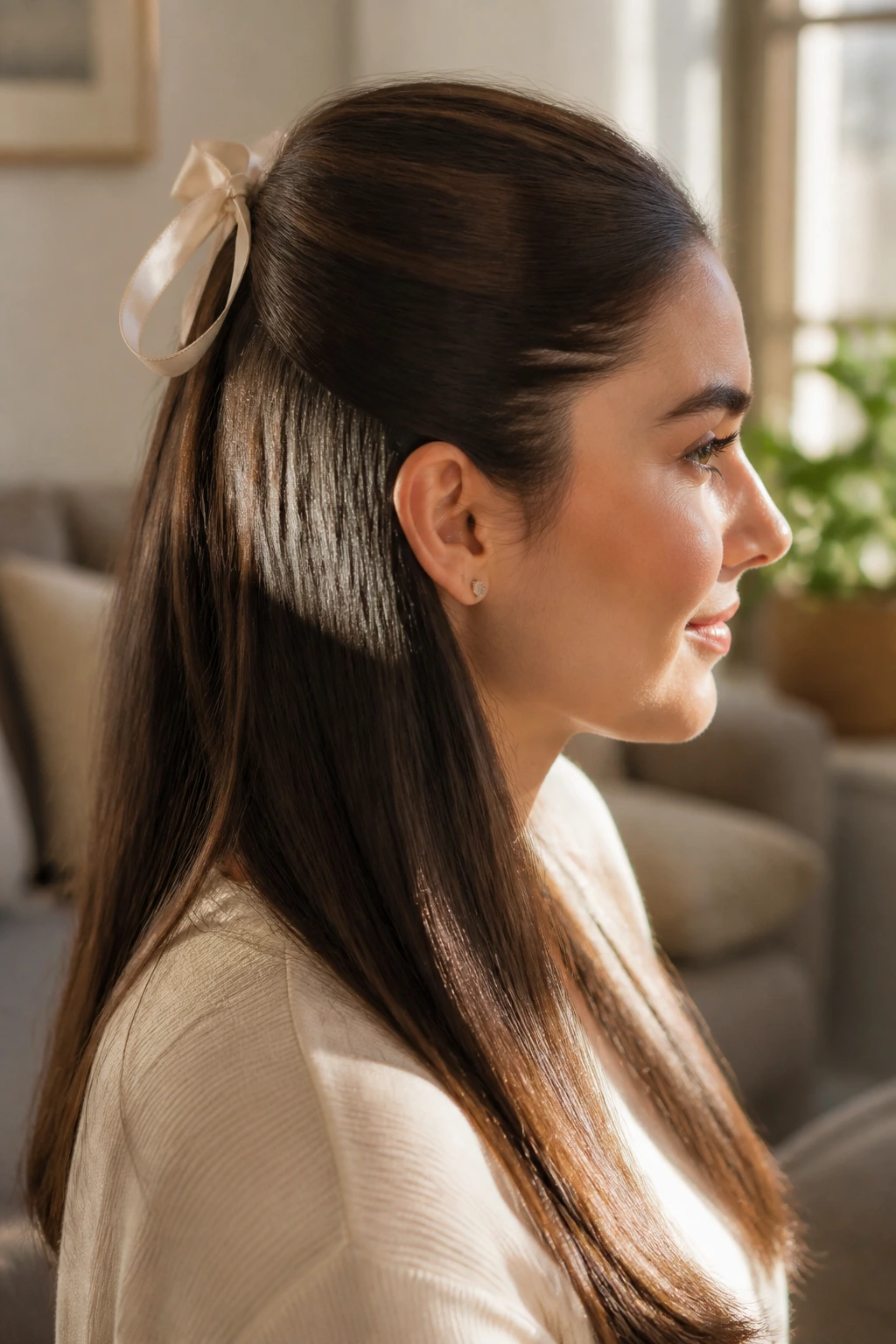 Close-up of a woman wearing a silk ribbon half-up hairstyle