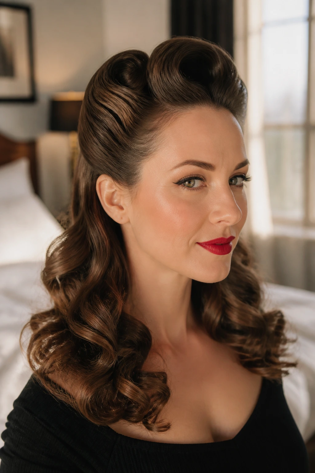 Half-up roll hairstyle on a real woman with glossy curls.