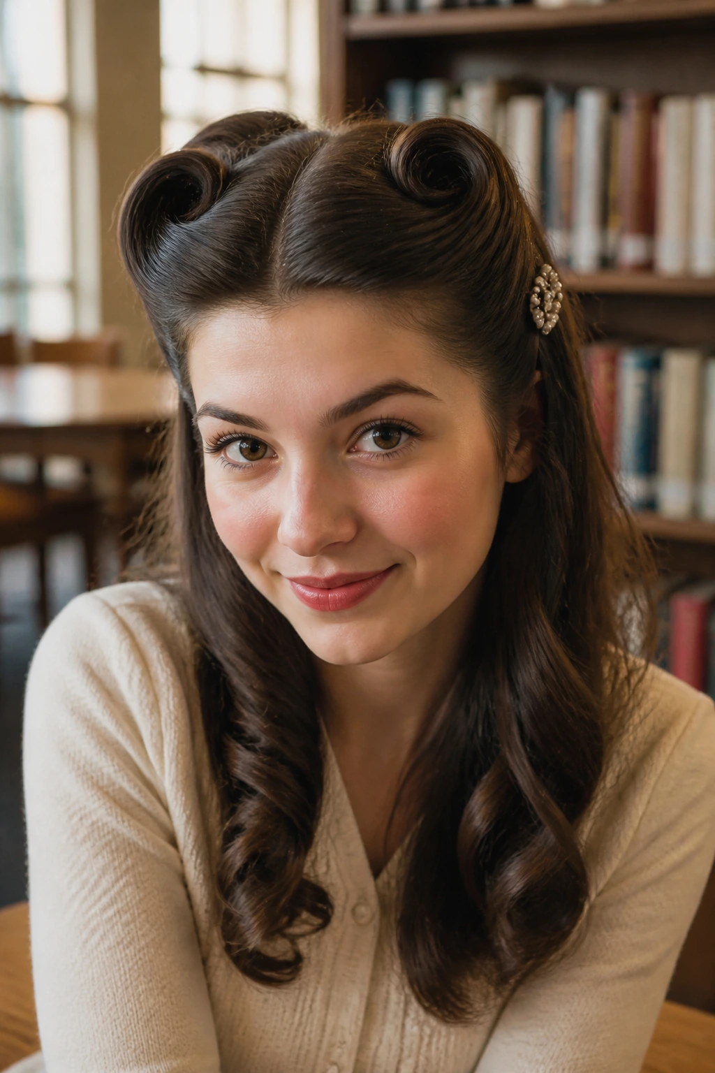 Close-up of a real student with half-up victory rolls in a library