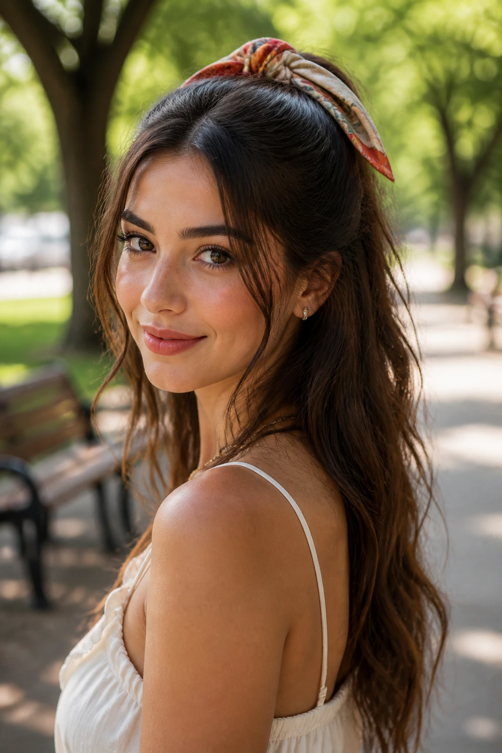 Close-up of a real woman with half-up hairstyle secured by a silk scarf in a sunlit park
