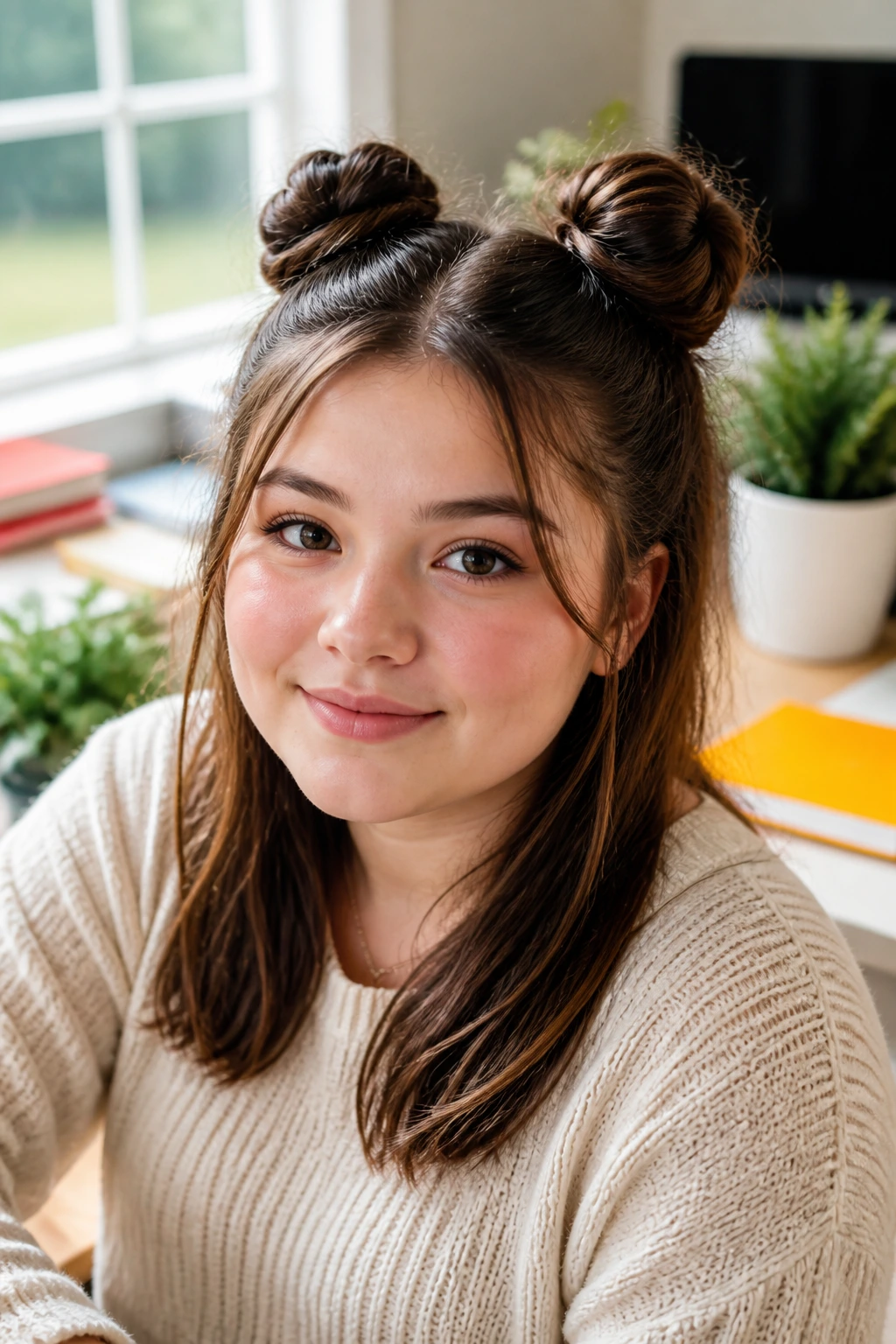 Close-up of real teen with half-up space buns in a bright room