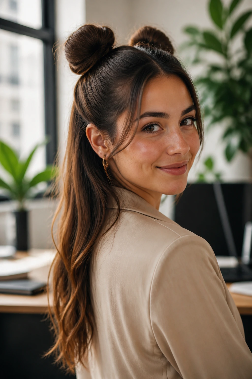 Head-and-shoulders portrait of a real person with half-up space buns in a creative office.