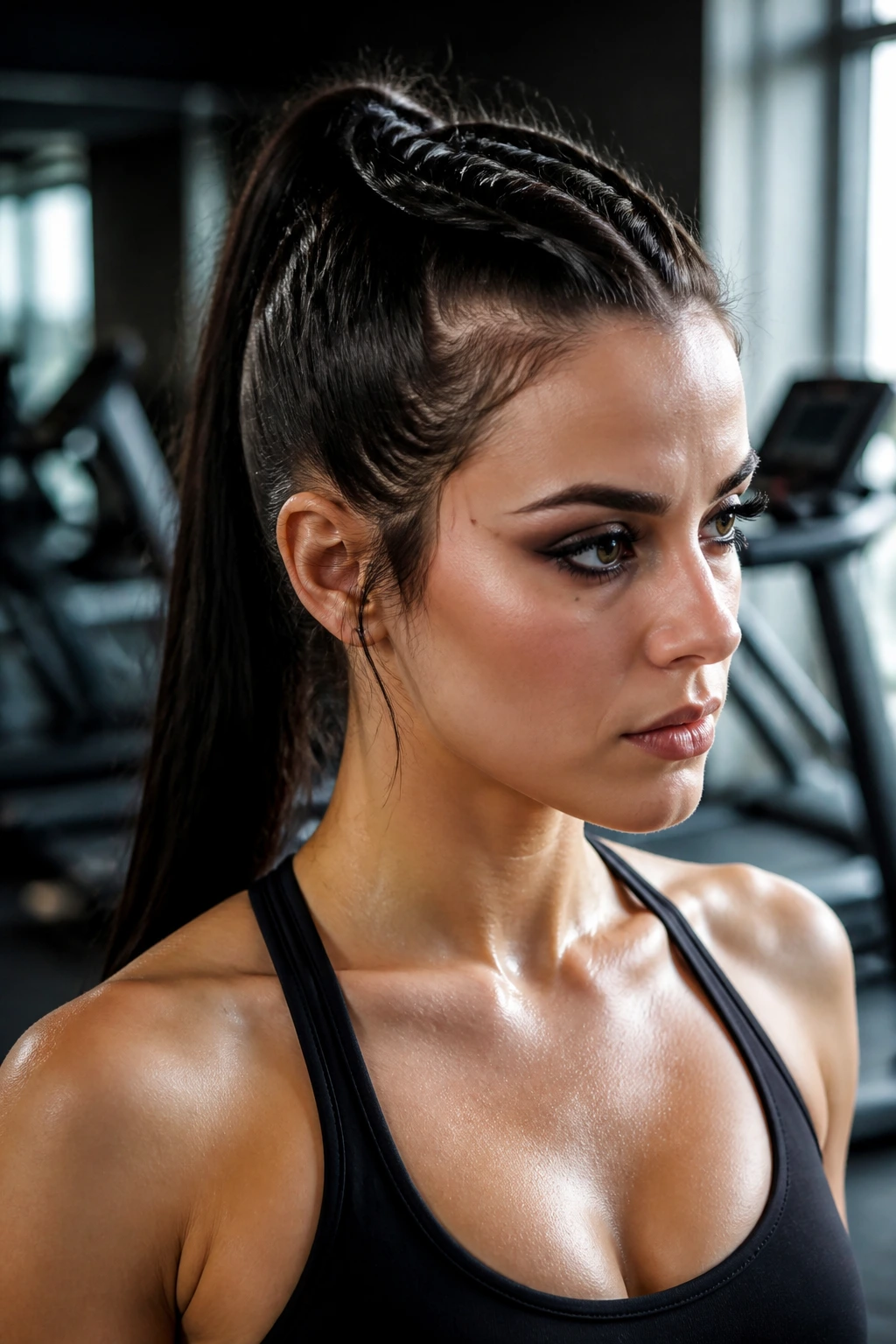 Close-up of a real woman with a half-up spider braid in gym lighting