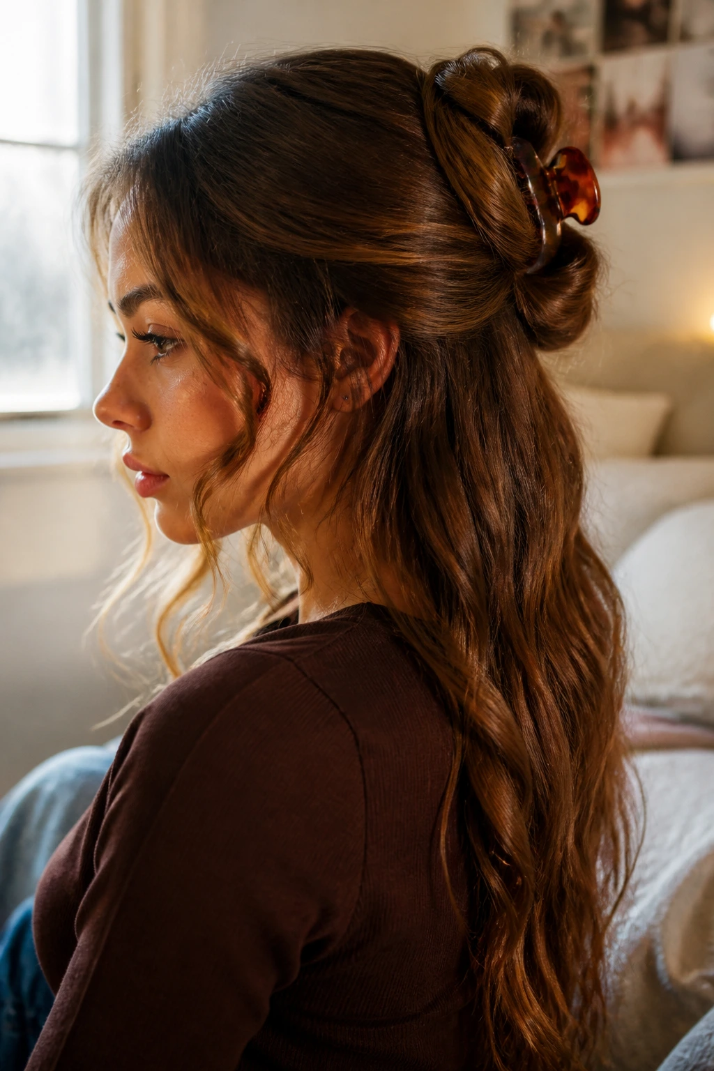Close-up of a real woman's half-up spiral hairstyle with curled strands pulled back
