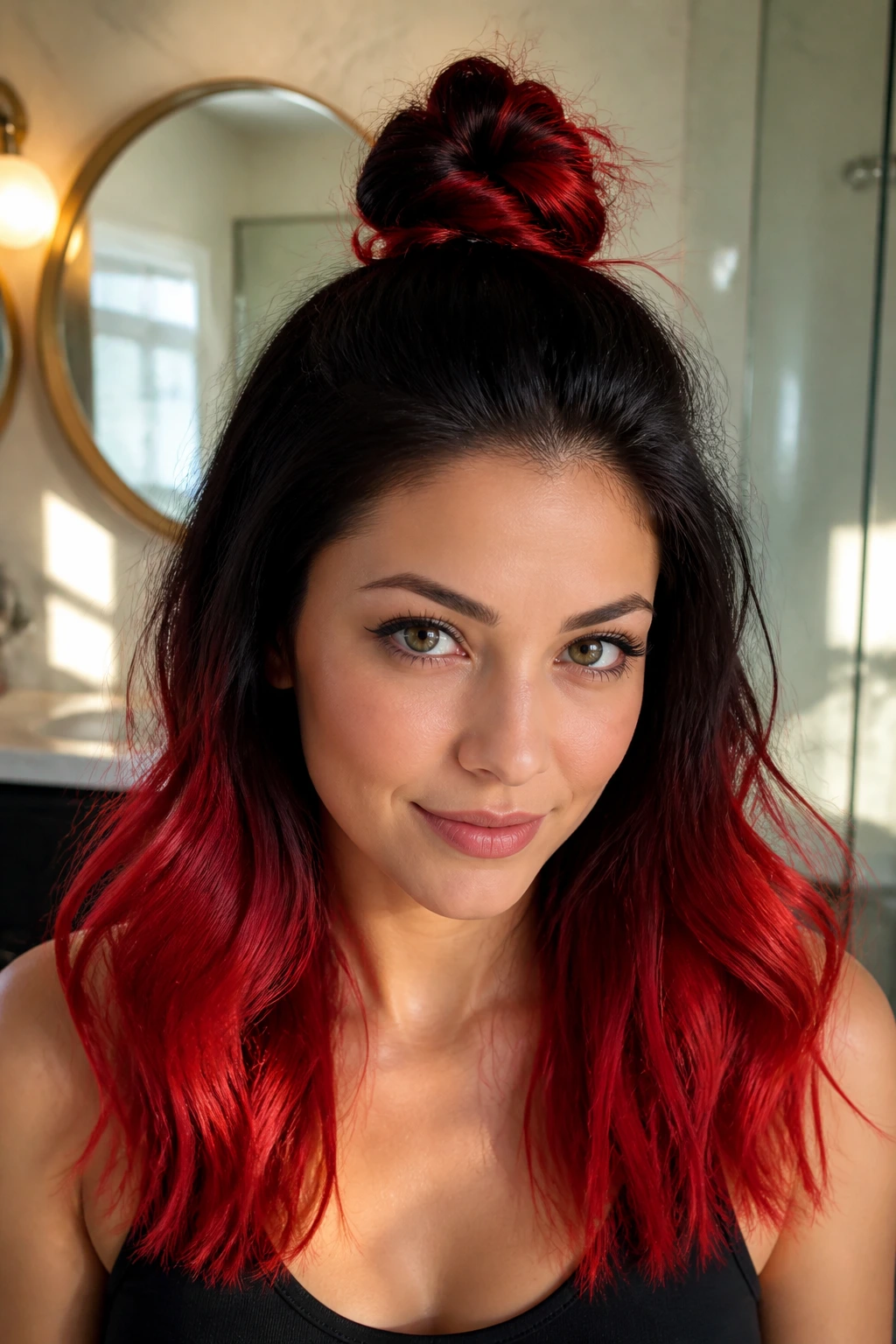 Close-up of a real woman showing a classic half-up top knot with red-to-black hair.
