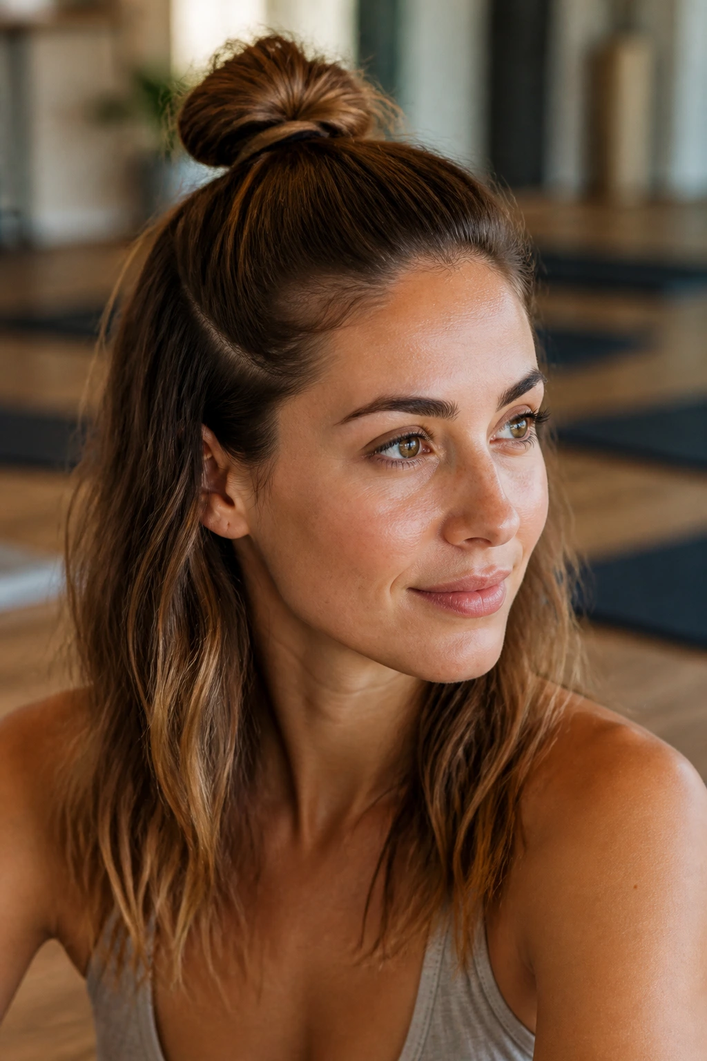 Close-up of a real woman wearing a half-up top knot during a workout