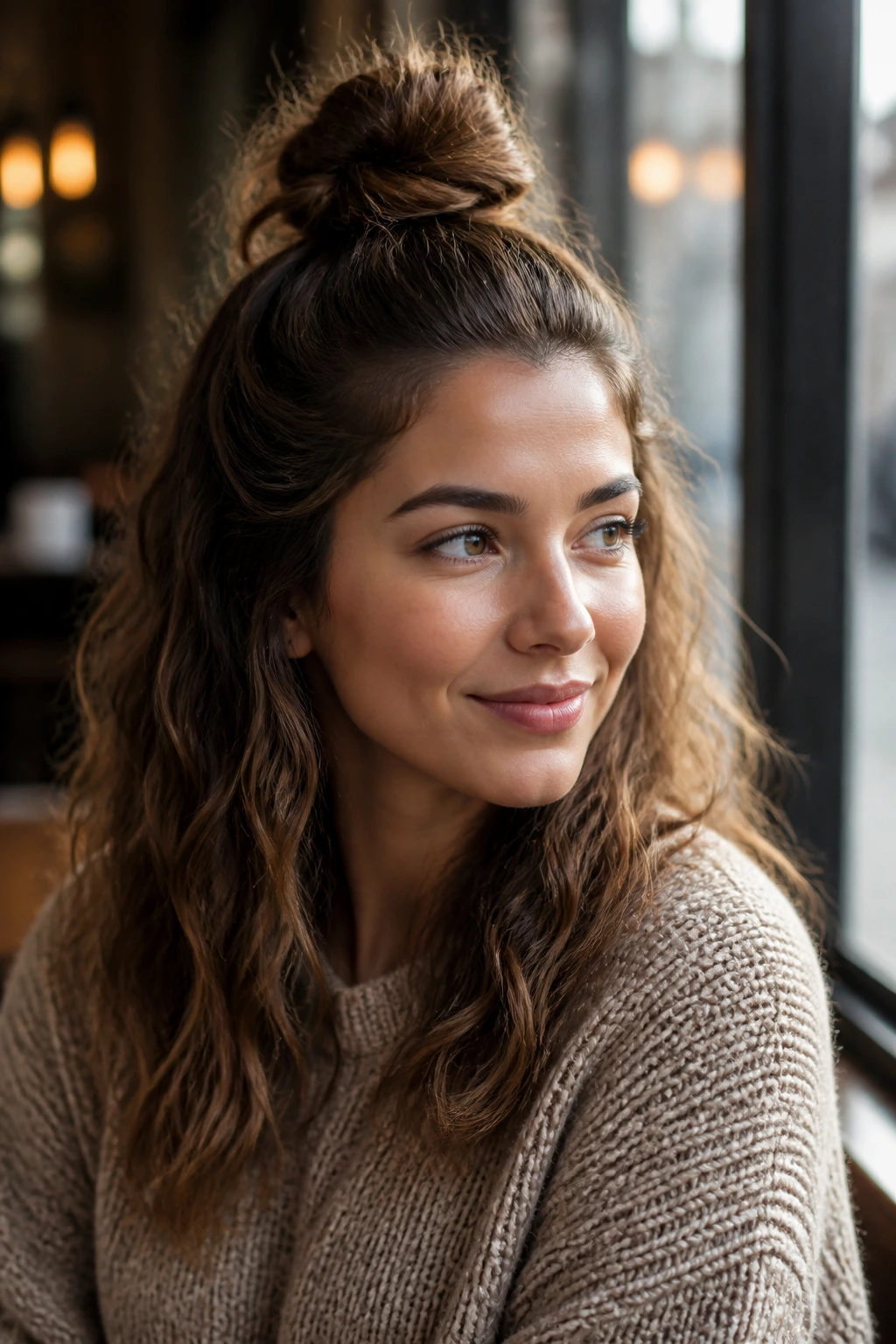 Close-up of a real woman with a half-up top knot at crown