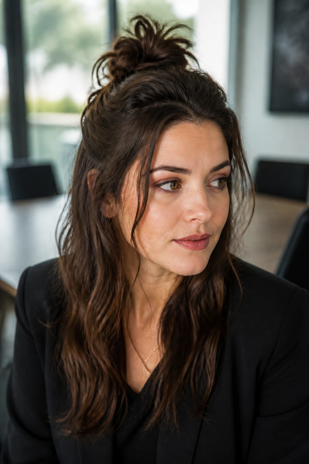 Portrait of a woman with a half-up top knot and undone ends.