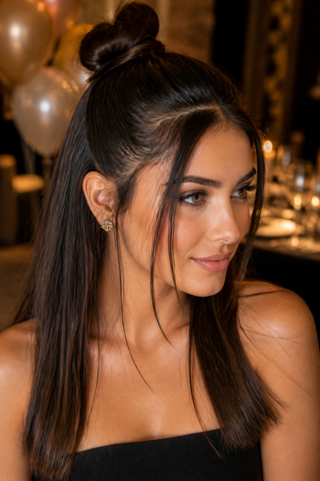 Real woman with a modern half-up top knot