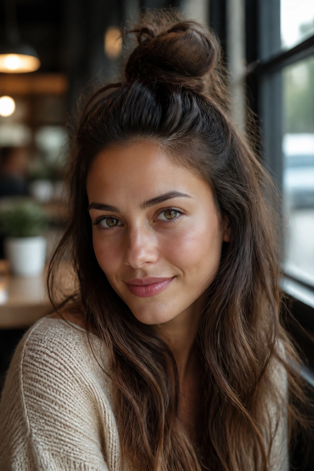 Close-up of a woman with a half-up top knot in a cozy cafe window seat