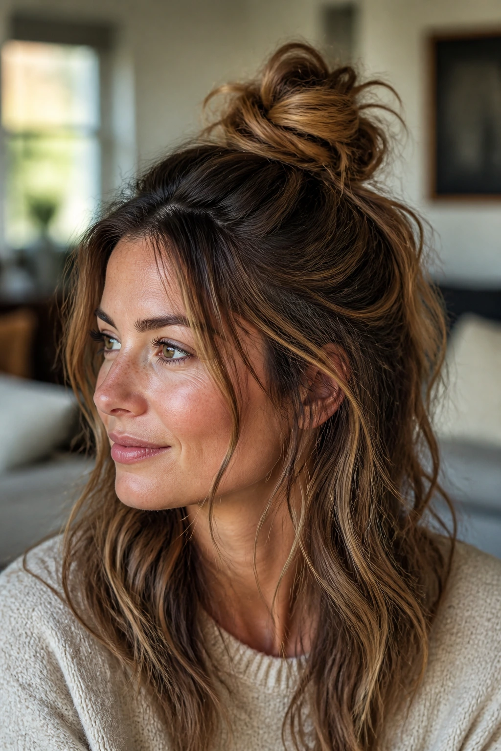 Close-up portrait of a woman with a half-up messy top knot