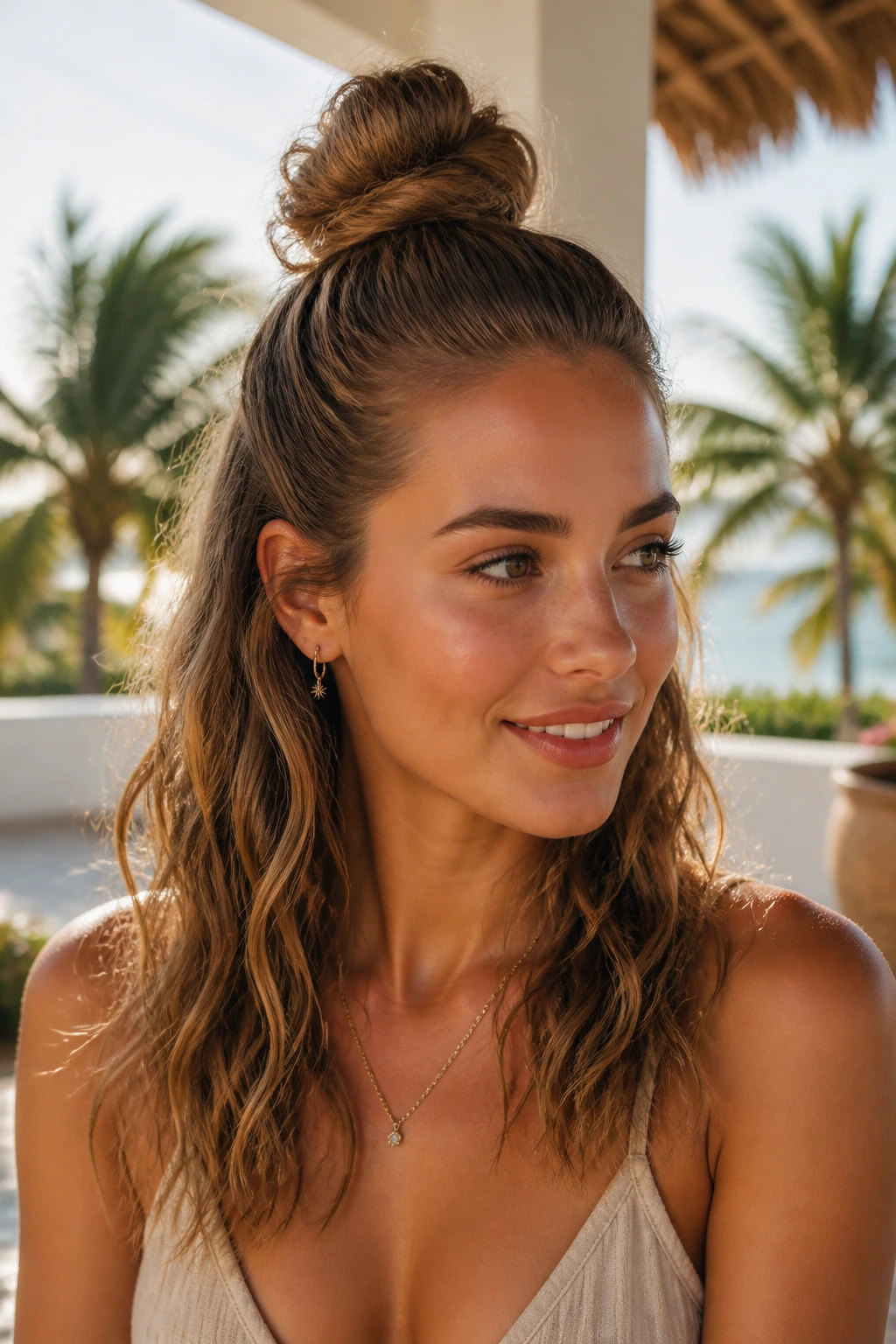 Close-up of real woman with high half-up top knot