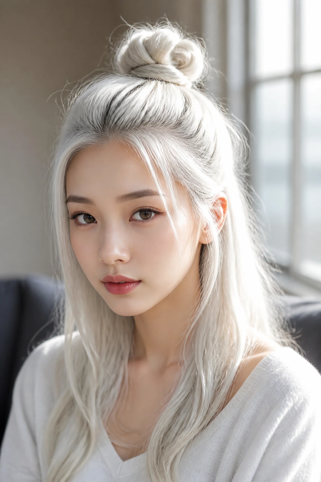 Close-up portrait of a real person with white hair in a half-up top knot.