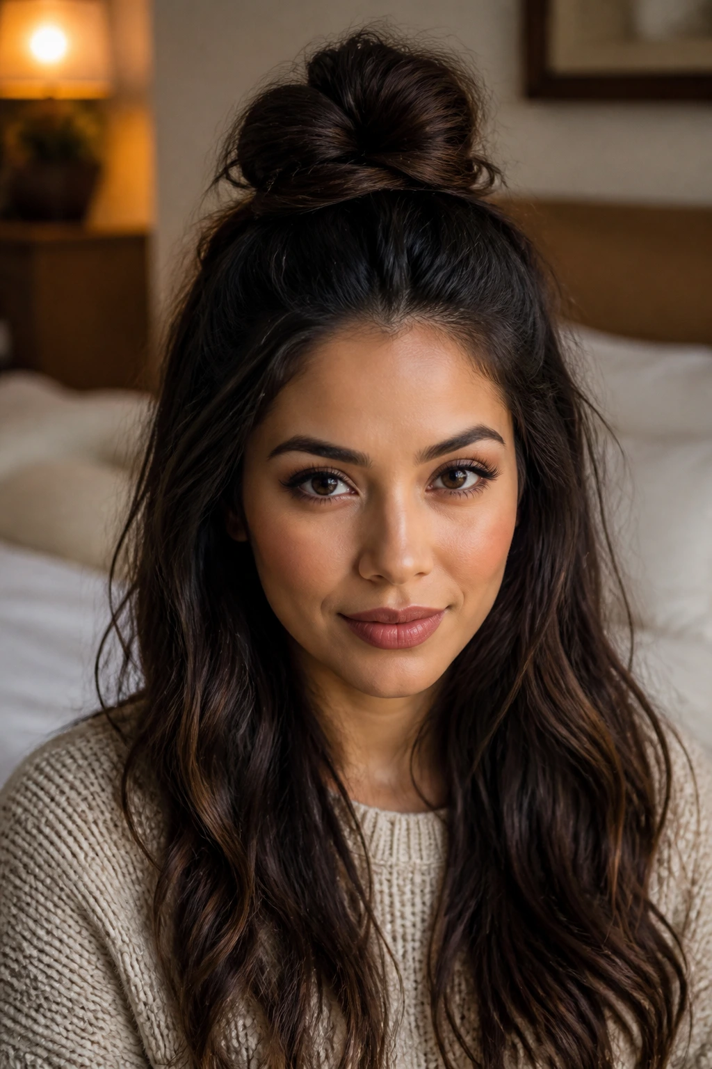 Close-up of a real woman with a half-up top knot hairstyle