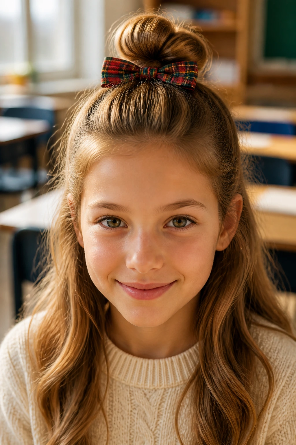 Close-up of a real person with a half-up top knot and bow in a classroom setting