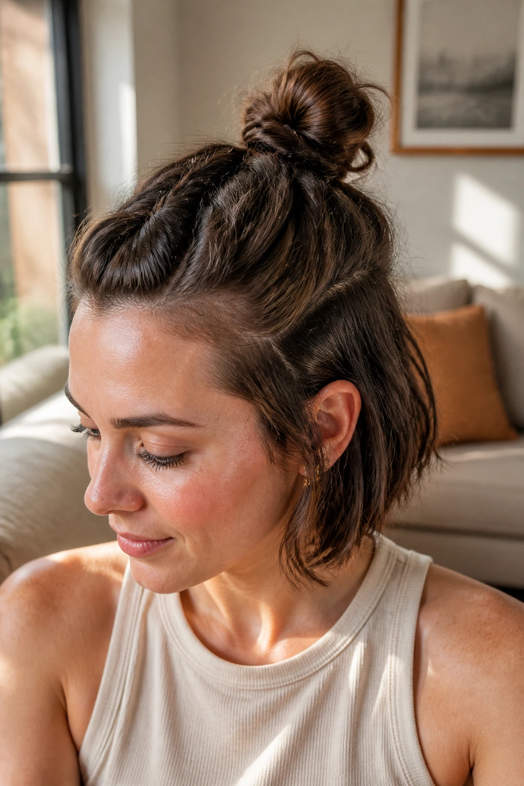 Close-up portrait of a real woman with a half-up top knot braid