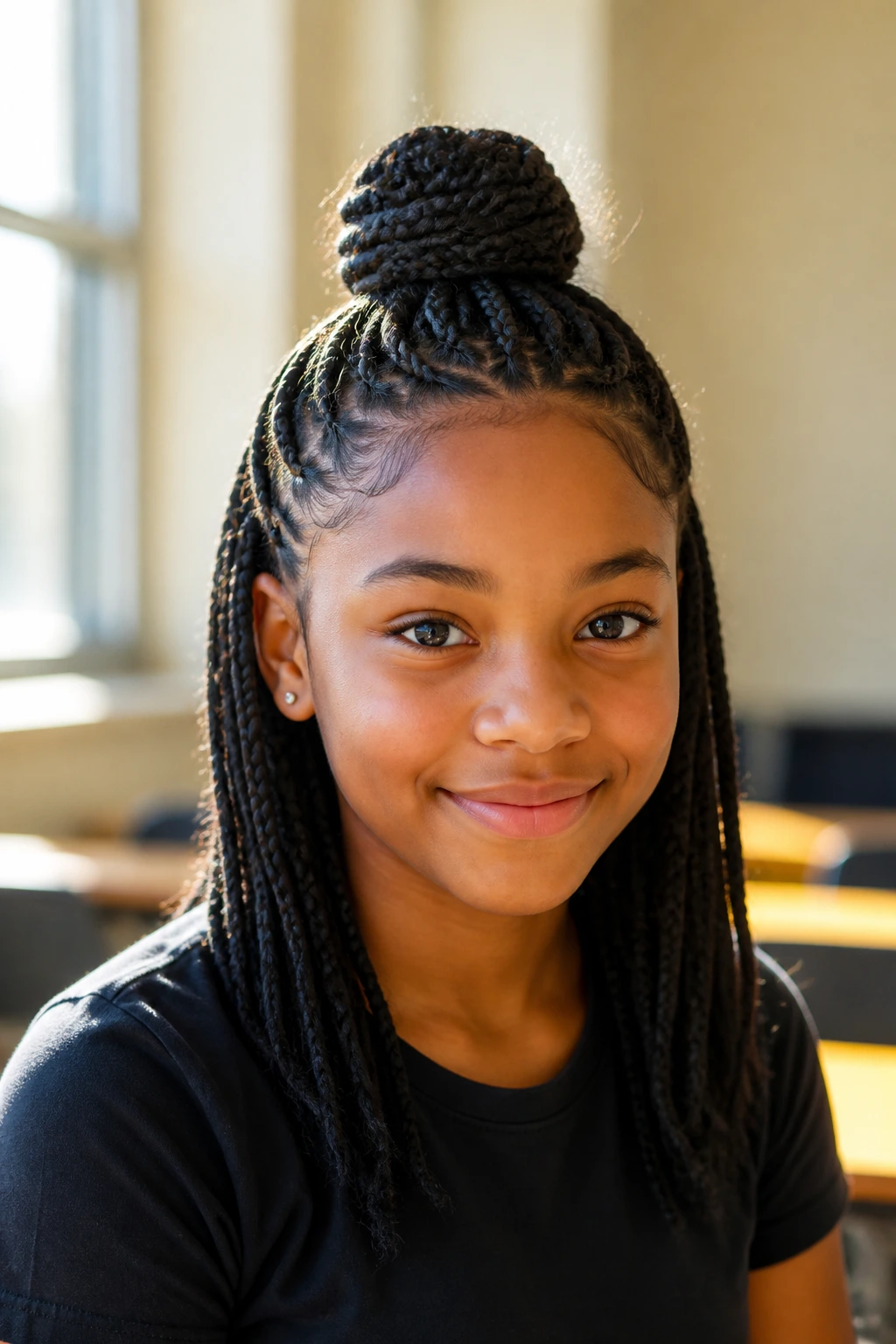 Close-up of a student with a half-up braided top knot and flowing hair
