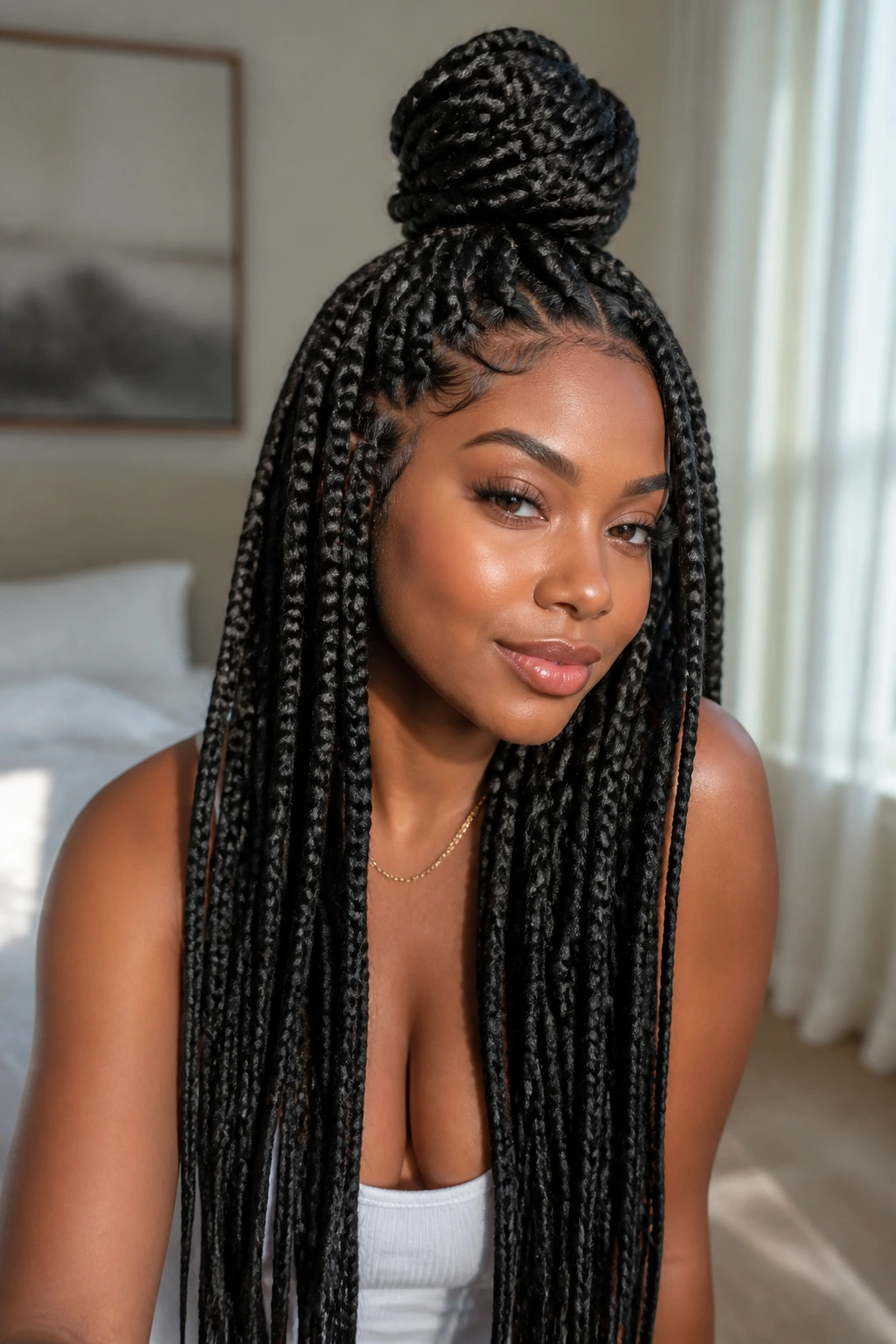 Woman with half-up top knot of waist-length braids in a bright bedroom