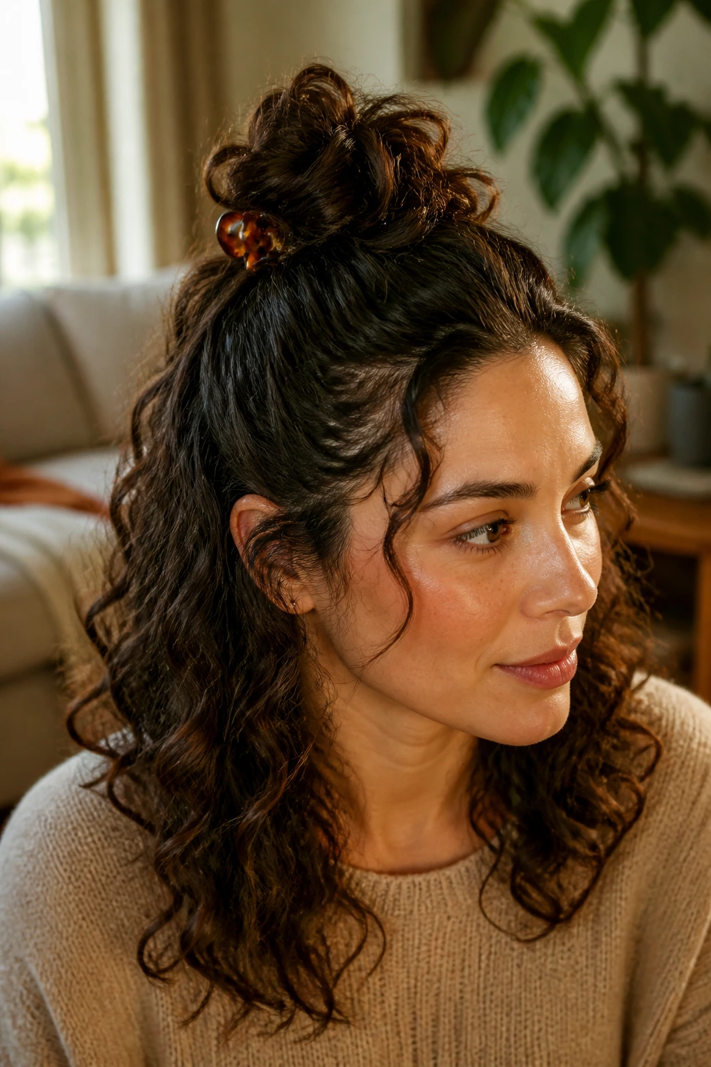 Real woman with half-up top knot hairstyle and claw clip