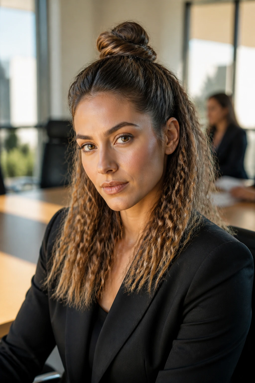 Portrait of a real woman with a half-up top knot and crimped texture in a sunlit conference room
