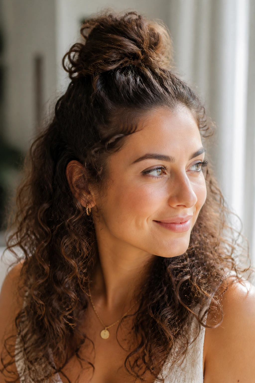 Close-up of a real woman with a half-up top knot and flowing curls.