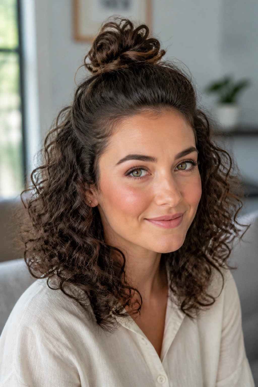 Portrait of woman with half-up top knot and loose curls