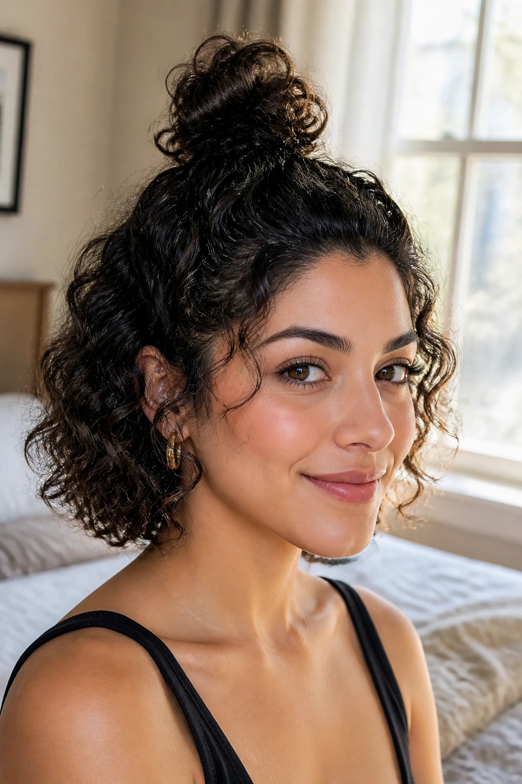 Close-up portrait of a woman with a half-up top knot hairstyle, crown knot with curls framing face