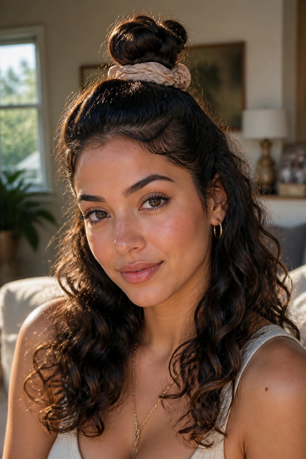 Close-up of a real woman with a half-up top knot and flowing curls