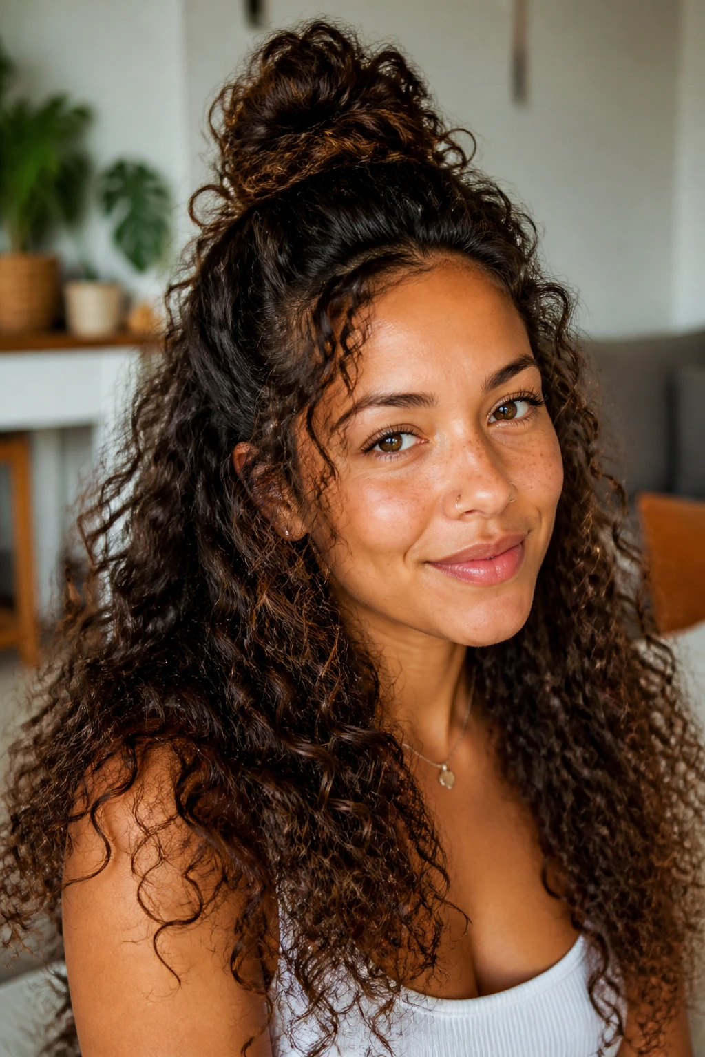 Close-up portrait of a real woman with a half-up top knot among curly hair