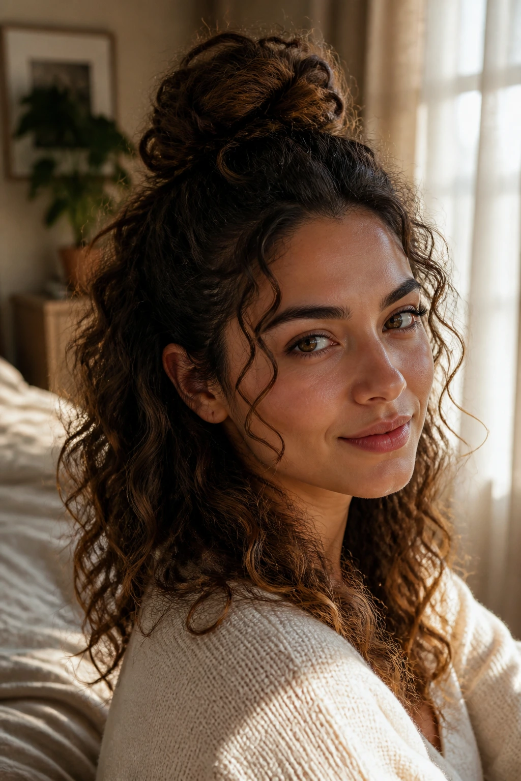 Close-up portrait of a real woman with a half-up top knot in warm window light