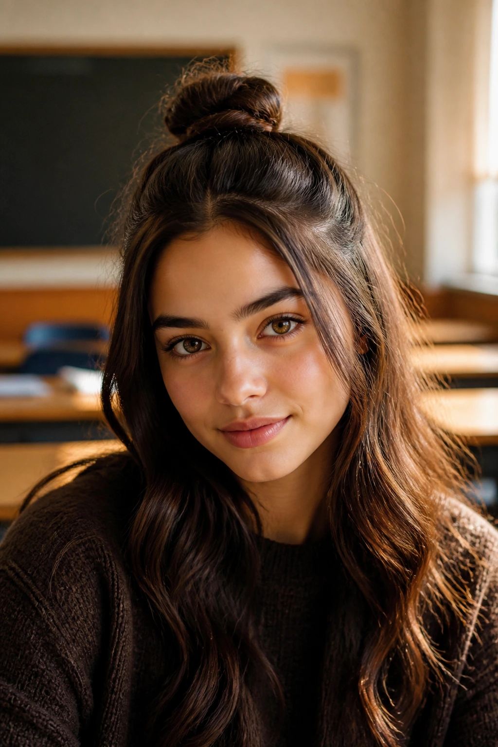 Close-up portrait of a real student with a half-up top knot in dark chocolate hair.