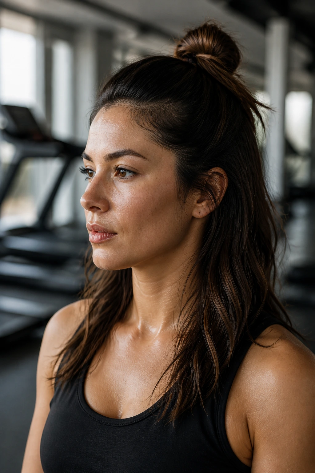 Real woman with a half-up top knot during a workout
