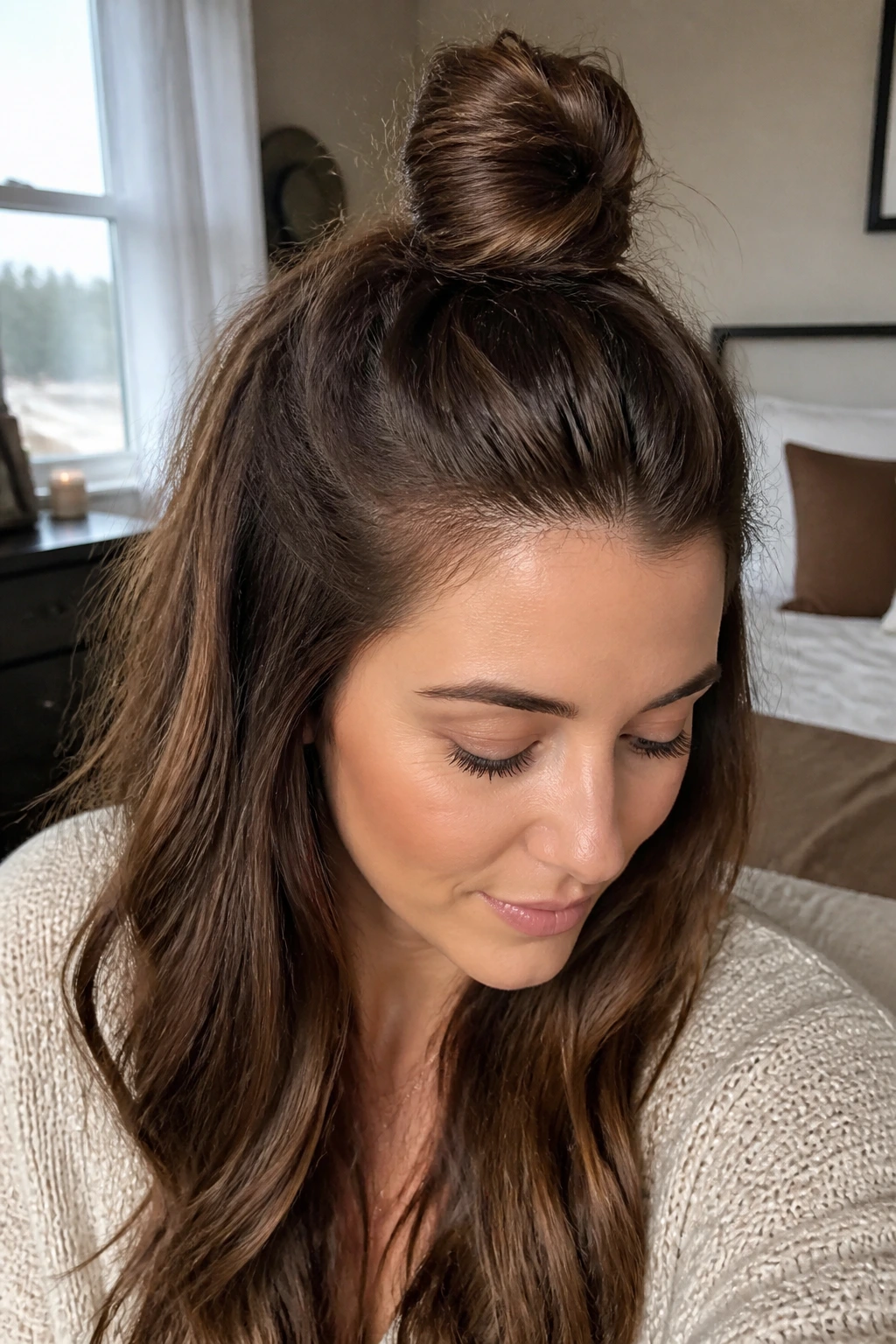Close-up portrait of a real person with half-up top knot hairstyle