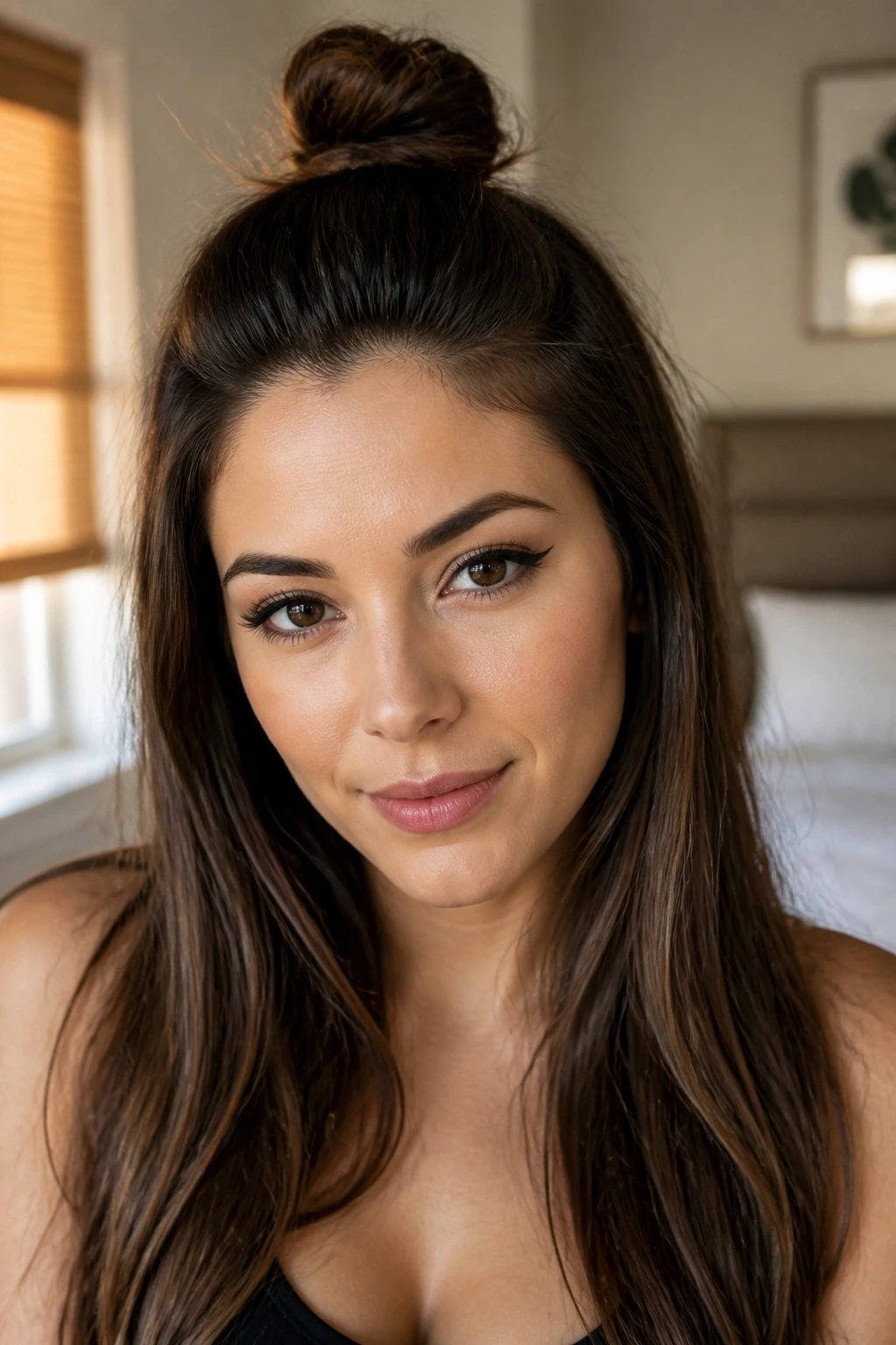 Close-up of a real woman wearing a half-up top knot with hair framing shoulders