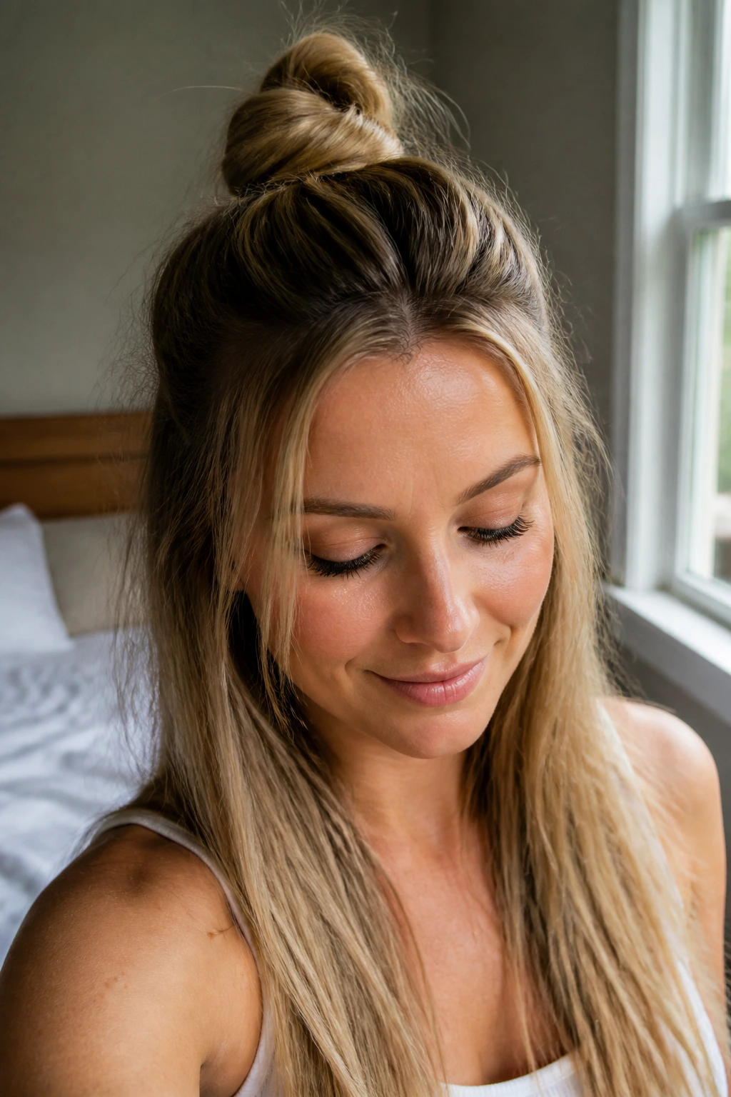 Close-up of a woman with a half-up top knot hairstyle