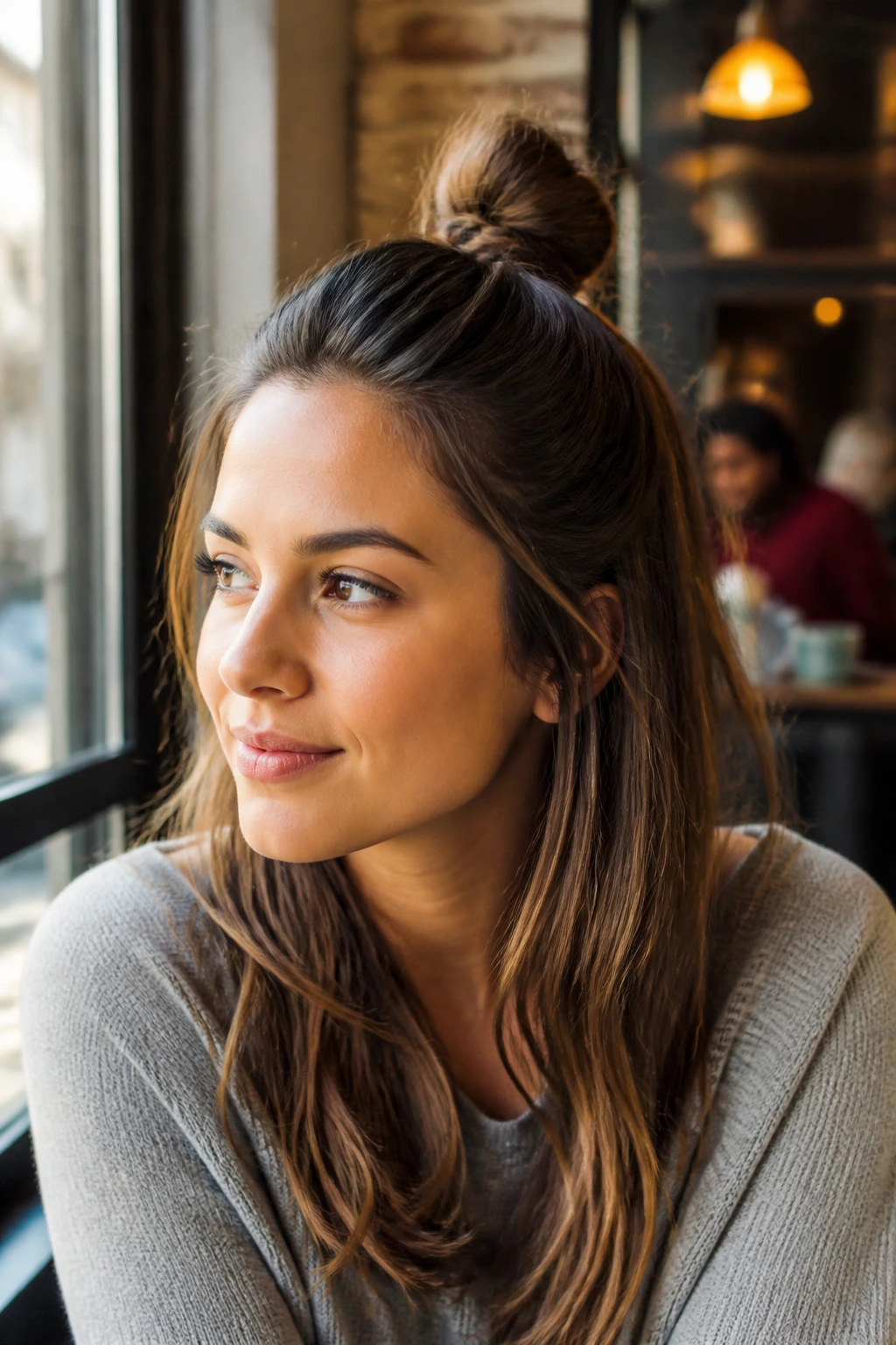 Real woman with half-up top knot hairstyle in a cozy cafe setting