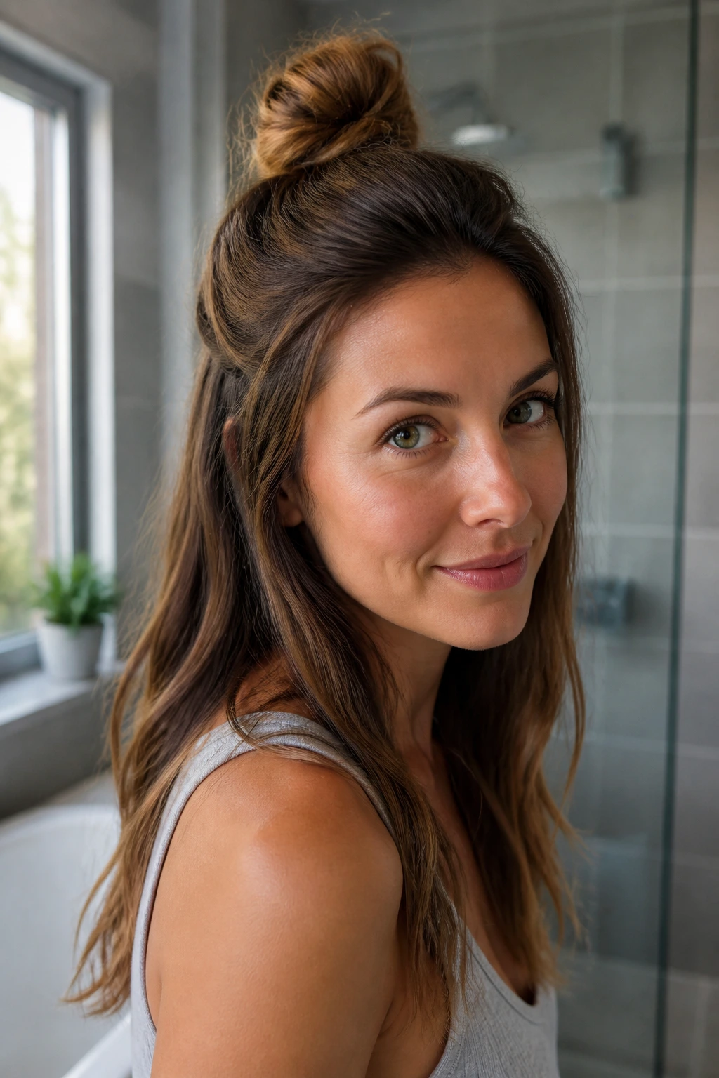 Close-up of a real woman with a half-up top knot on chest-length hair