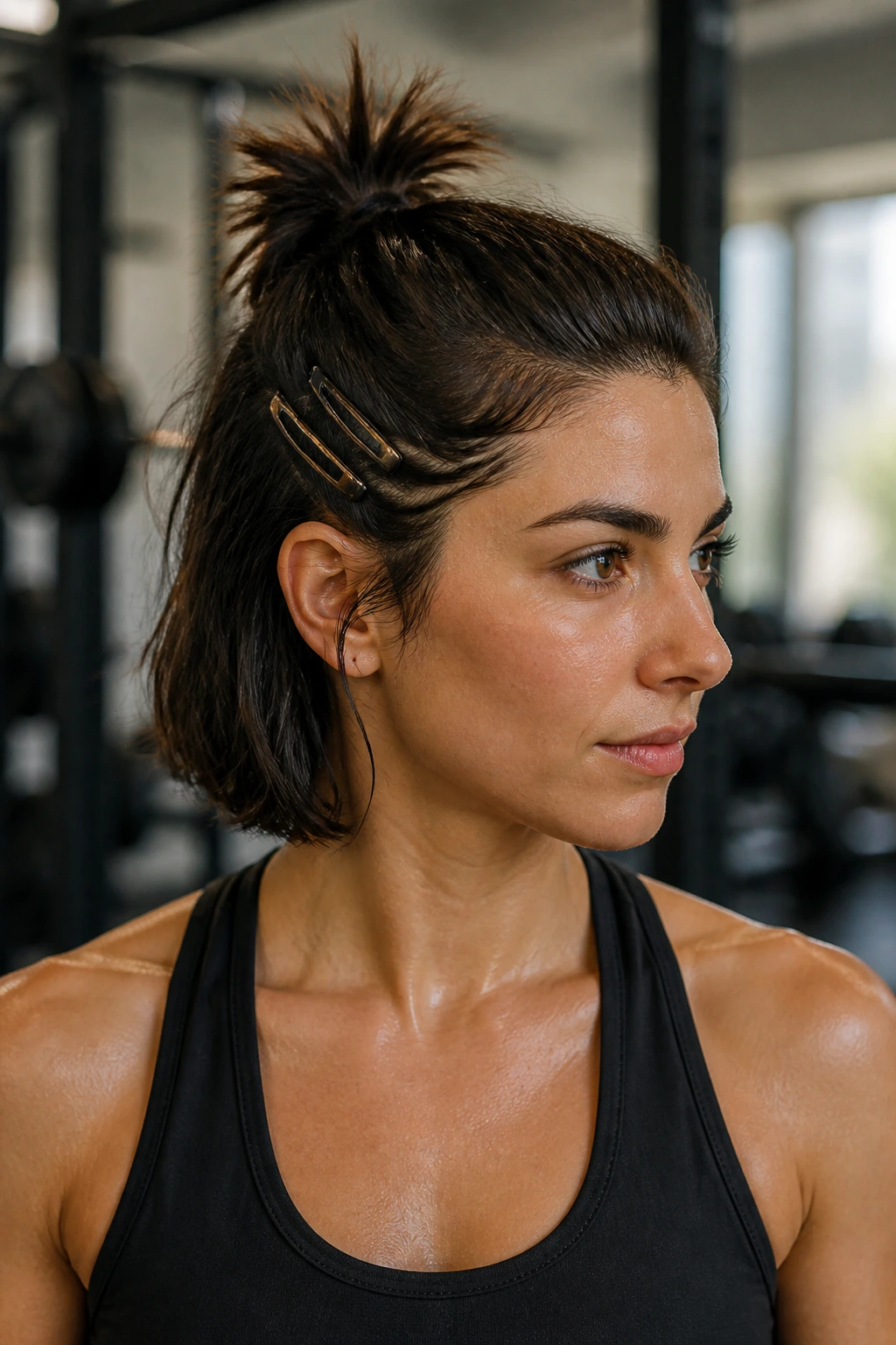 Half-up spiky top knot with clips on a real person during workout