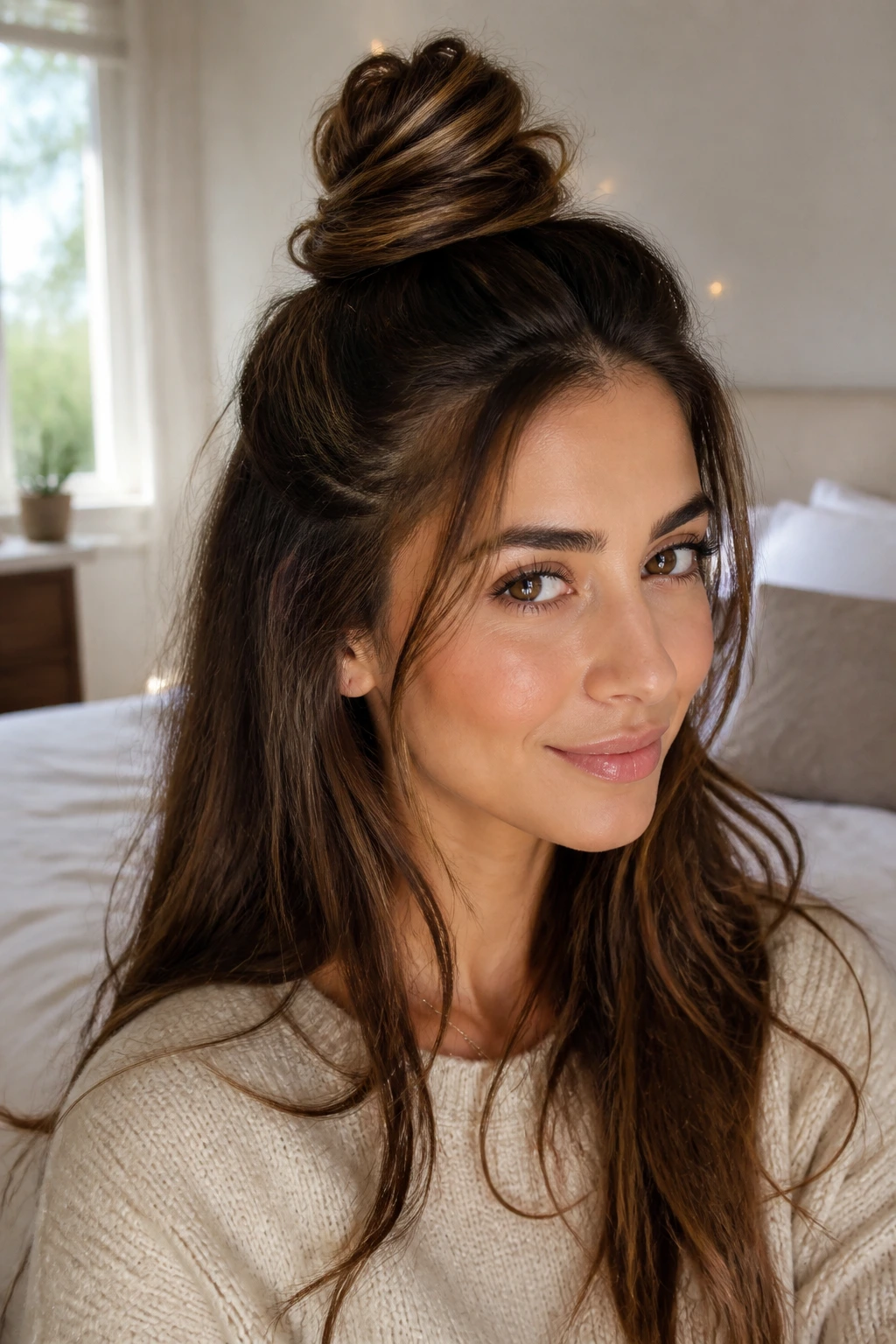 Close-up portrait of a woman with a half-up top knot hairstyle in warm natural light
