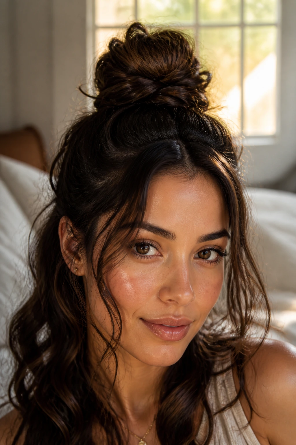 Close-up of a real woman with a half-up top knot and loose waves in natural window light.