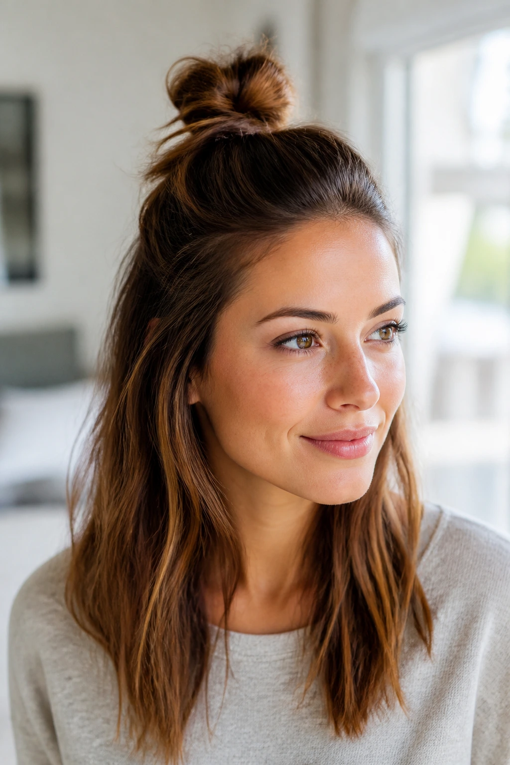 Real woman with half-up top knot, visible knot at crown