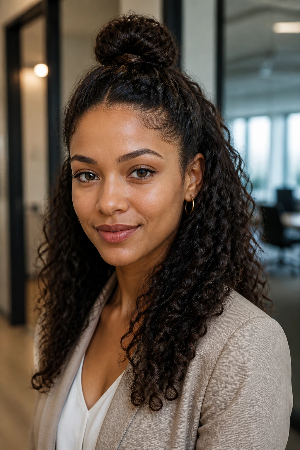 Portrait of a woman with a half-up top knot in an office setting